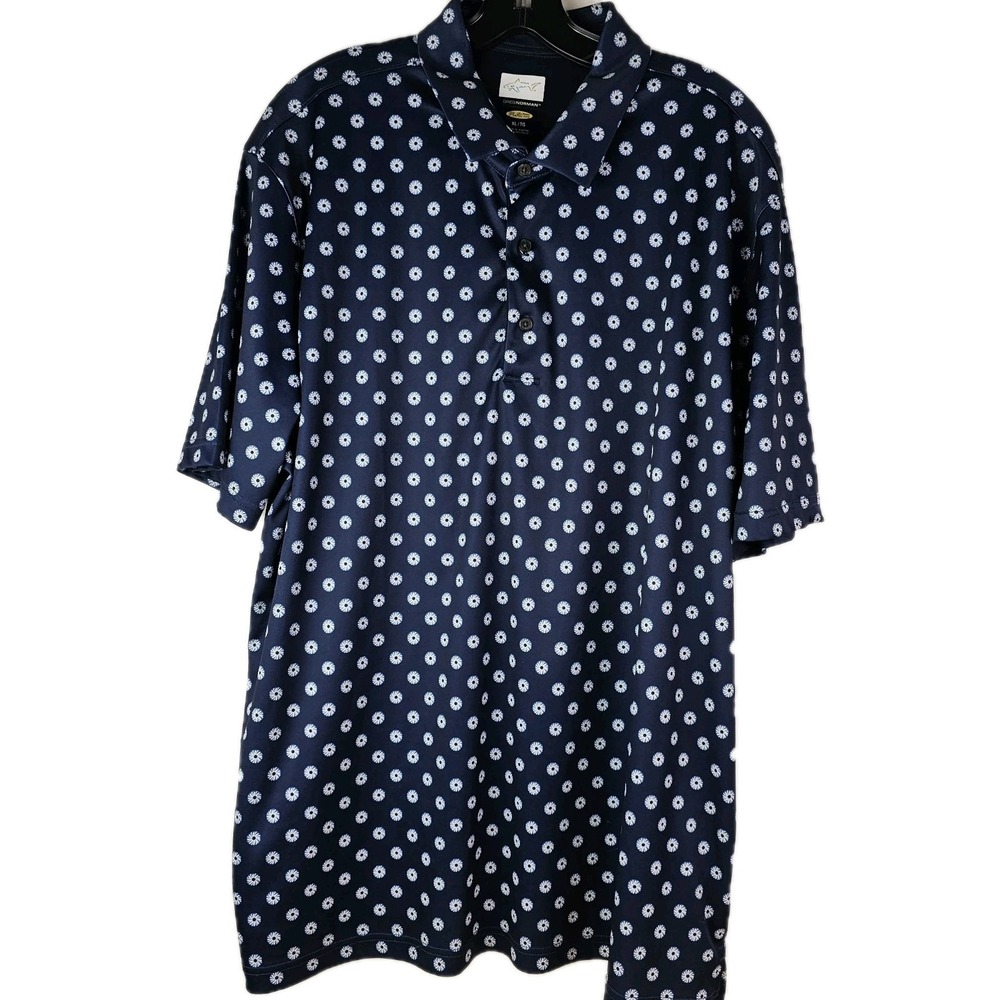 Greg Norman Play Dry Polo Shirt Mens XL Blue Floral Geometric Shark Logo Golf